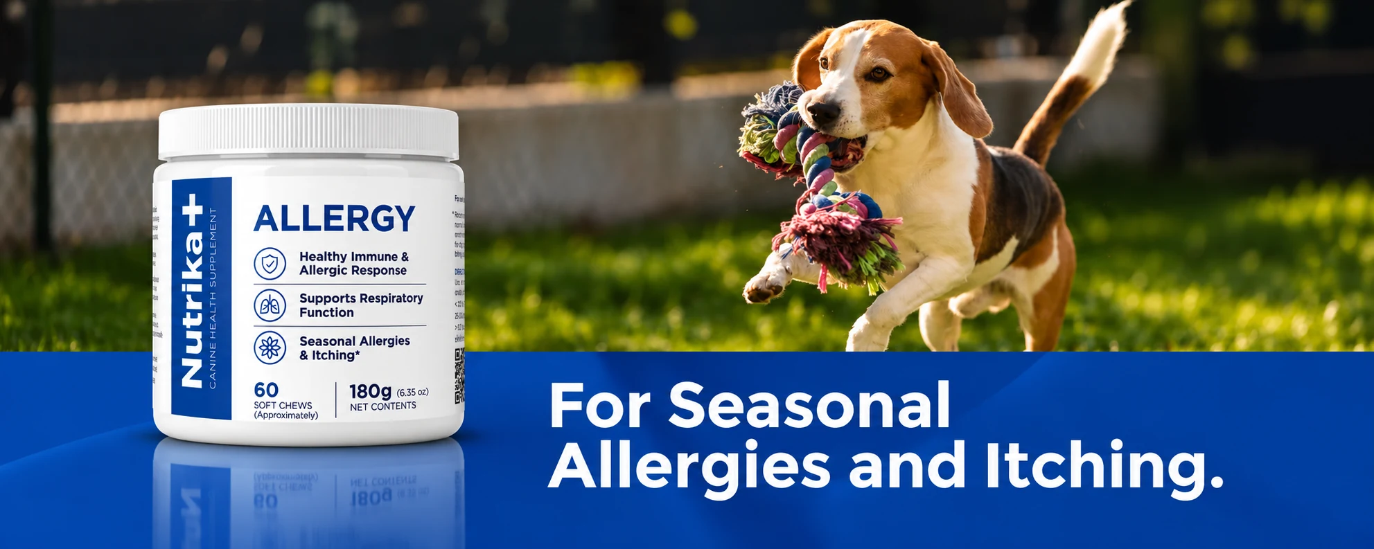 Nutrika+ Allergy, 60 soft chews, beside a beagle running with a rope toy — for seasonal allergies and itching