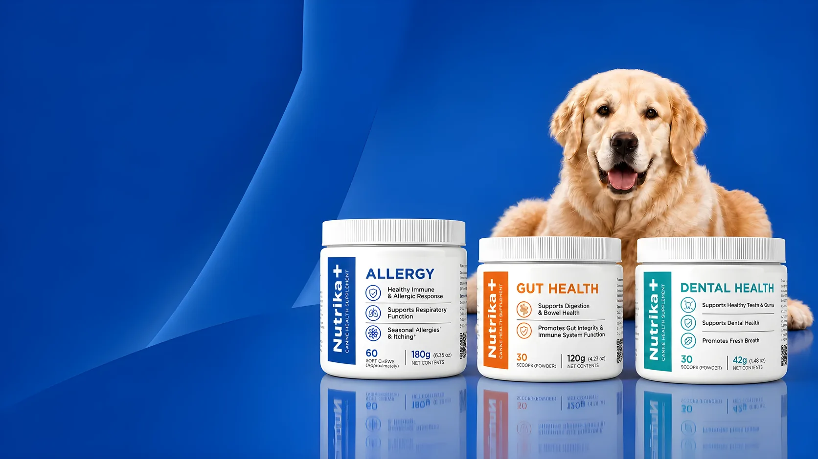 A golden retriever beside the three Nutrika+ jars: Allergy, Gut Health, and Dental Health