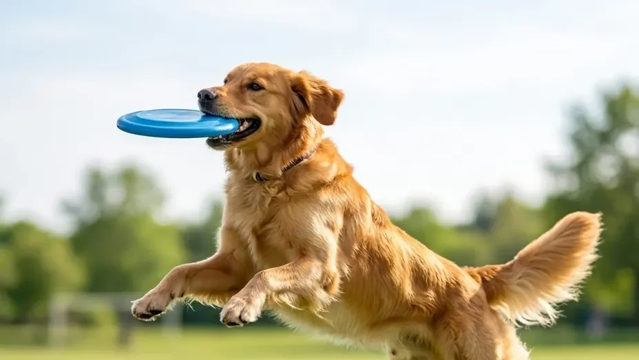 A golden retriever leaping to catch a frisbee in the park
