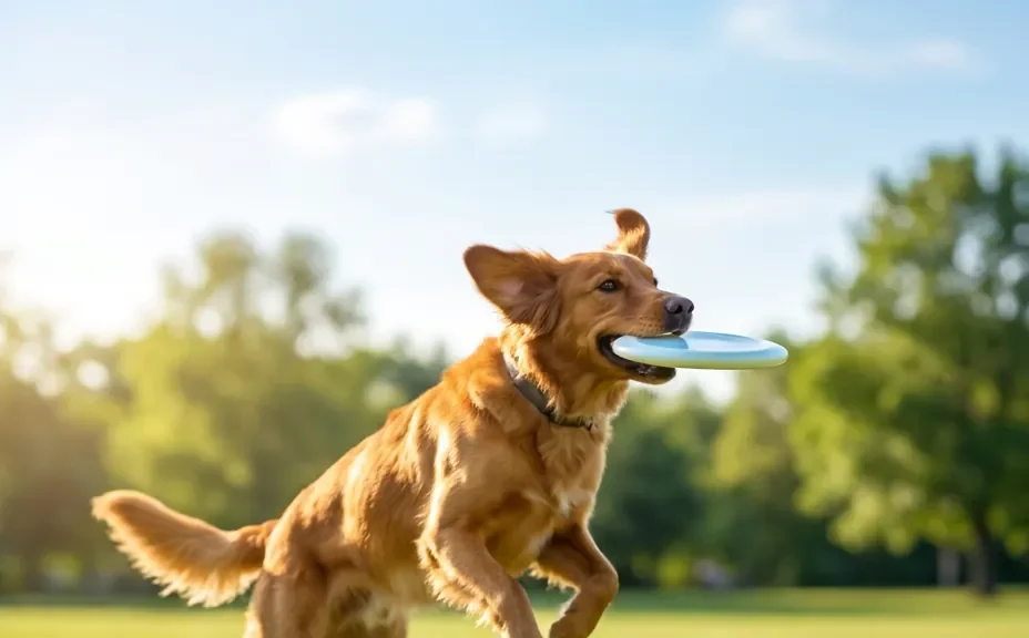 A retriever running across a park with a frisbee in its mouth